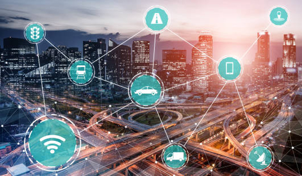 Smart transport technology concept for future car traffic on road . Virtual intelligent system makes digital information analysis to connect data of vehicle on city street . Futuristic innovation .